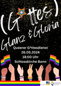 Plakat mit Sternenhimmel und Pride-Flaggen und dem Text: Queerer Gottesdienst Gottes Glanz und Gloria am 26.5. um 18 Uhr in der Schlosskirche.