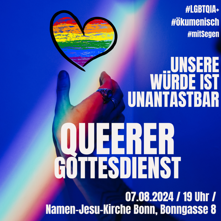 Bild mit Text, der zum queeren Gottesdient einlädt.