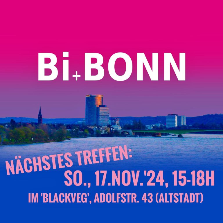 Plakat mit dem nächsten Termin auf dem Bi+Bonn-Logo, das das Foto einer Skyline-Ansicht über den Rhein auf Bonn bei Sonnenuntergang ist. Mit Photoshop ist das Bild in die Bi-Farben getaucht: der Himmel ist pink, der Fluss dunkelblau und die Mitte lila.